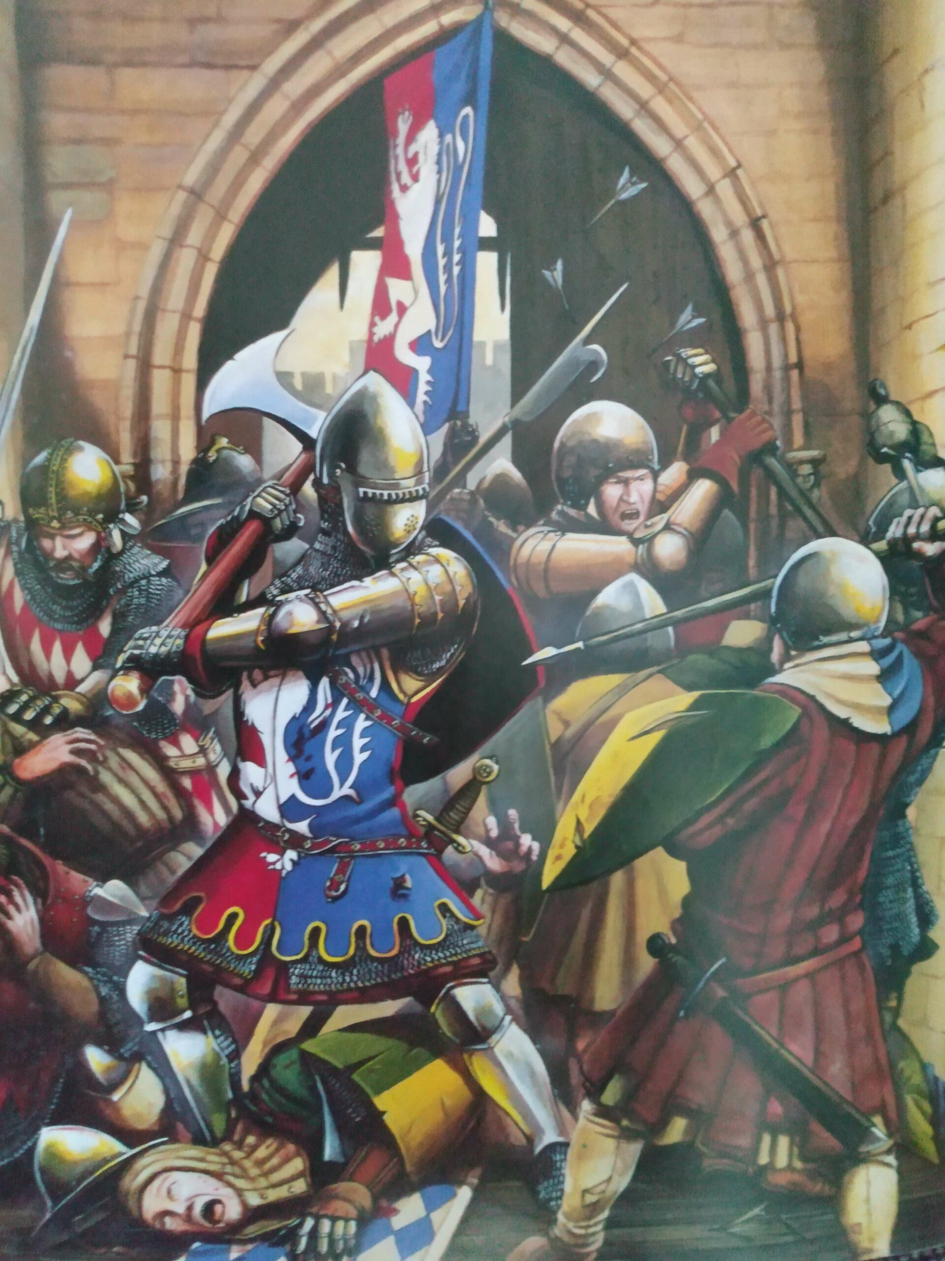 A medieval battle scene painted by Michael Perry. Knights fight fiercely to hold the drawbridge against an enemy assault.