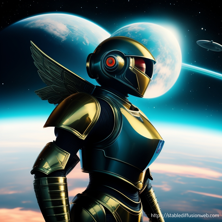 Female space warrior in winged battle armor.