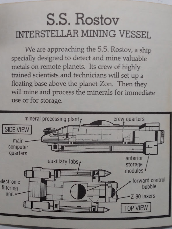 Description of S.S. Rostov interstellar mining vessel from 'Starships' by Jeff Simons and Bruce Tatman, 1983.