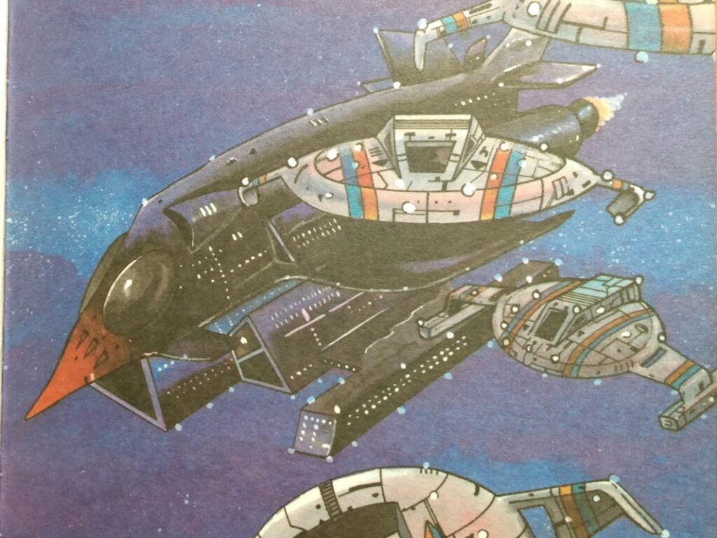 Zephyr fighters escort an alien Phantom-class ship, from 'Starships' by Jeff Simons and Bruce Tatman