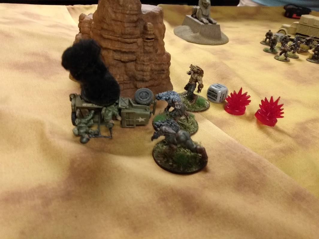 A game of Konflikt '47. German werewolves destroy an American jeep amid desert ruins in this Weird WW2 game.