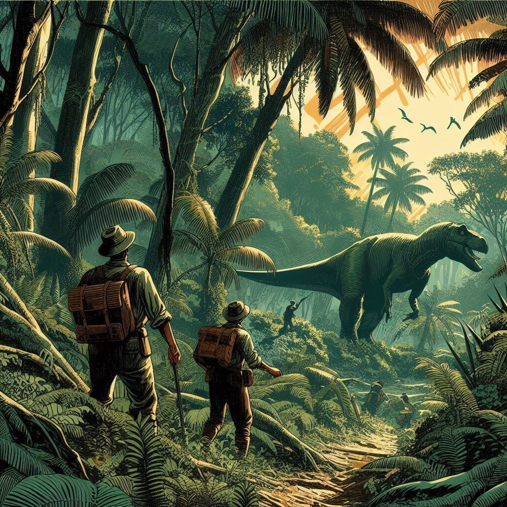 Explorers trekking through a dense jungle, sighting a fearsome Tyrannosaurid dinosaur in the distance.