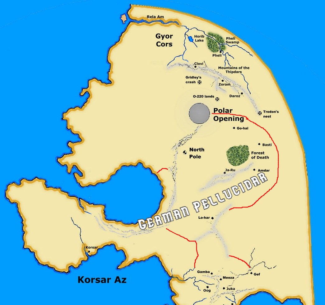 Map of northern Pellucidar (in the Hollow Earth) showing the boundaries of the German colony. A modification of an original map by Bruce Wood.